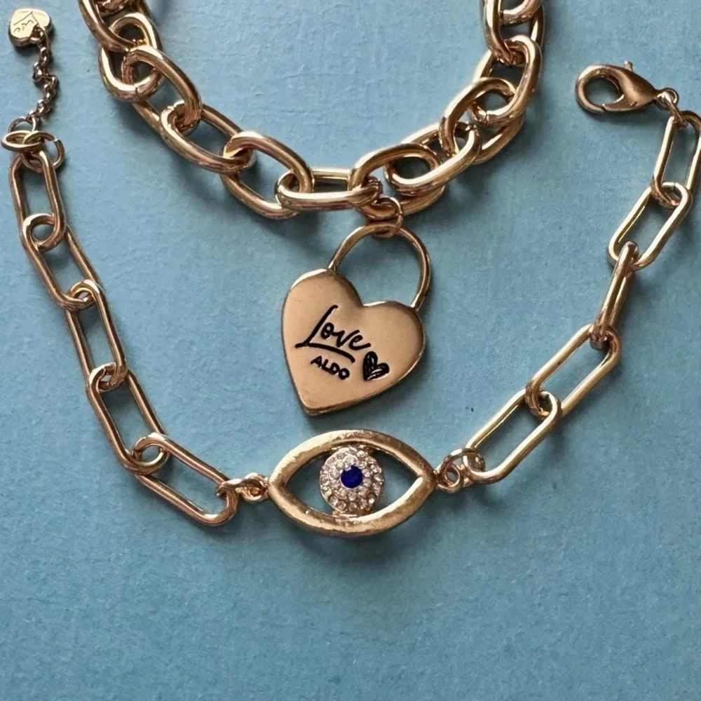 ALDO-Gold Chain Bracelet Set with Heart and Evil Eye Protection Charms - Picture 2 of 3